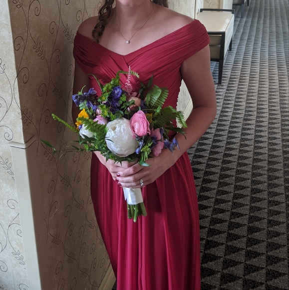 David's Bridal Red Off-Shoulder Dress - Picture 1 of 10